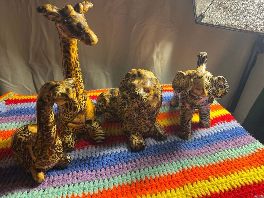 Vintage Safari Animal Figurine Set Lot 4 Decoupage Giraffe Lion Elephant Decor